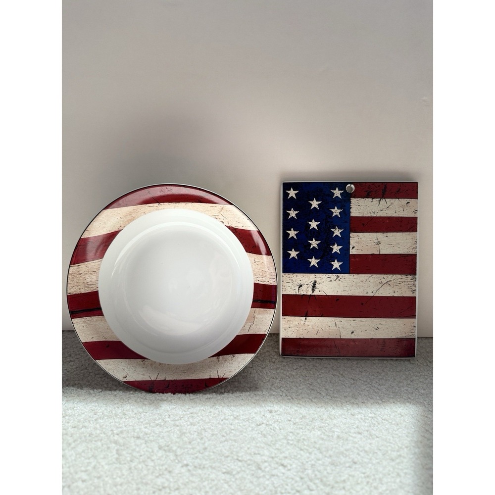 Vtg 1997Sakura Warren Kimble Colonial Trivet &Veggie Serving Bowl Flag Motif USA